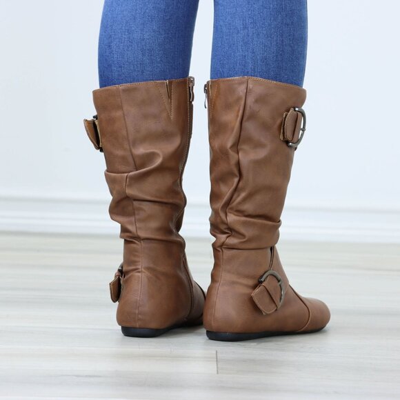 Flat Mid Calf Boots Synthetic Leather Buckles Round Toe Womens Casual Tan - Picture 4 of 16